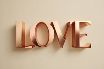 Luxurious rose gold metallic 3D &ldquo;LOVE&rdquo; typography with brushed texture, soft cream background, for premium Valentine&rsquo;s design.