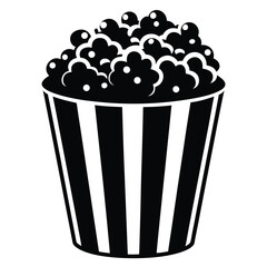 Black and white popcorn overflowing in striped container presents classic simple food icon