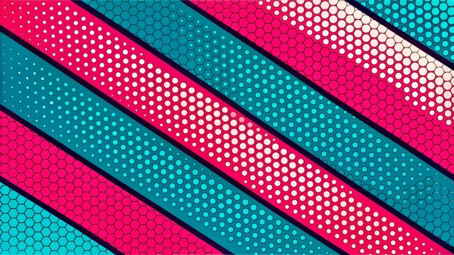 Vibrant geometric pattern of colorful lines with hexagonal shapes in blue, pink, and white hues