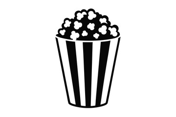 Isolated popcorn bucket is filled to the top and is a black and white icon