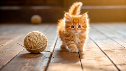 Playful orange kitten exploring wooden floor with a ball of yarn in warm sunlight