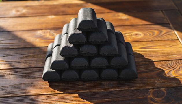 Pile of Charcoal Briquettes Stacked High on a Wooden Surface