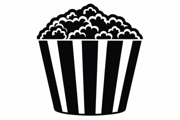 Simple silhouette shows tasty popcorn overflowing from a striped container in black and white