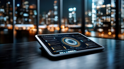 Modern tablet interface dashboard displaying futuristic data visualization and night city glow