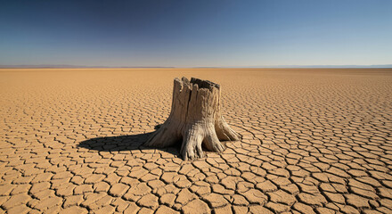 Lone Tree Stump in Vast Cracked Desert Under Blue Sky