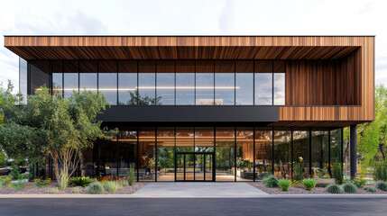 Obraz premium Modern glass lobby with wood panel facade and landscaped entrance, warm inviting atmosphere
