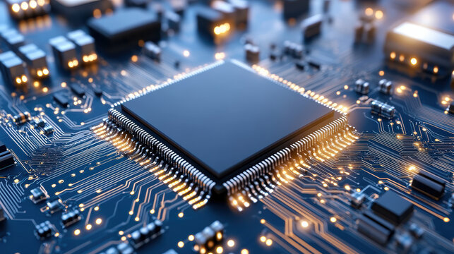 High tech microchip on printed circuit board with glowing traces and warm lighting
