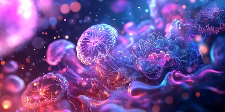A vibrant display of jellyfish with neon lights and bokeh effects creating a surreal atmosphere