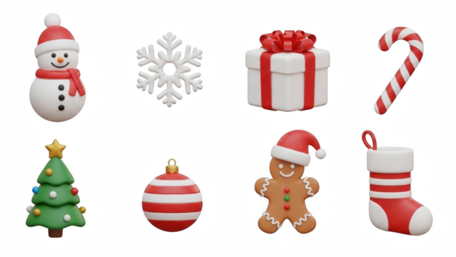 Christmas icons including a snowman snowflake gift candy tree ornament gingerbread and stocking on transparent background