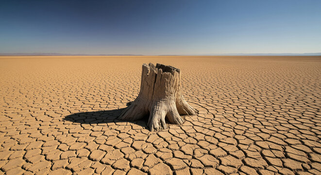 Lone Tree Stump in Vast Cracked Desert Under Blue Sky - Powered by Adobe
