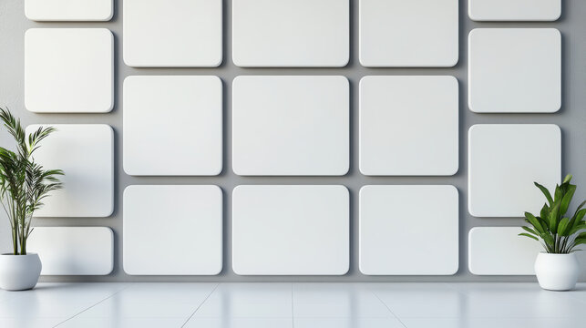 Minimalist white geometric wall panels in modern interior with potted plants, calm mood