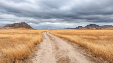 Fototapeta premium Golden grassland track curving toward distant rocky hills moody overcast sky, calm atmosphere