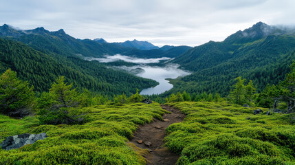 Lush green alpine trail leading to misty lake in mountain valley