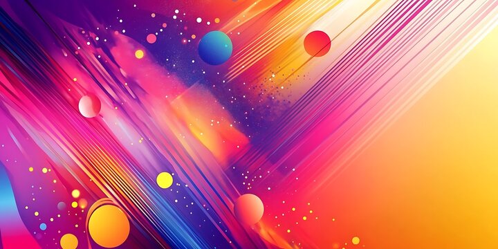 Abstract colorful background with diagonal lines and floating spheres in vibrant hues and small dots