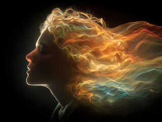 Abstract Portrait of Woman with Flowing Light, Energy and Creativity Concept, Artistic Expression, Inner World, Dreamy and Ethereal, Spiritual Connection