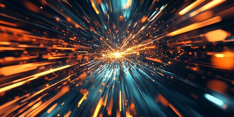 Abstract background with orange and blue light streaks converging to a bright central point