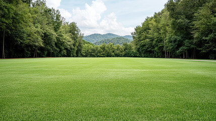 Fototapeta premium Green lawn field forest mountain view calm open space morning tranquility