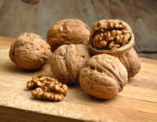 Close-up of several brown walnuts, some whole and others cracked, arranged on a weathered wooden surface with a soft-focus background