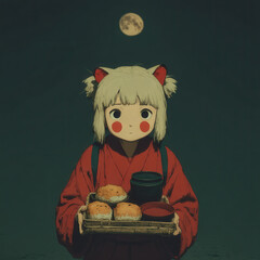 Anime Girl Offering Food Under Moonlight: Digital Illustration of a Young Woman in Red Kimono Holding a Tray with Buns and Tea, Set Against a Dark Sky
