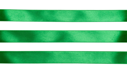 Glossy silk ribbons for holiday gift box, decor. Cut out image of green satin ribbons, smooth straight tapes.