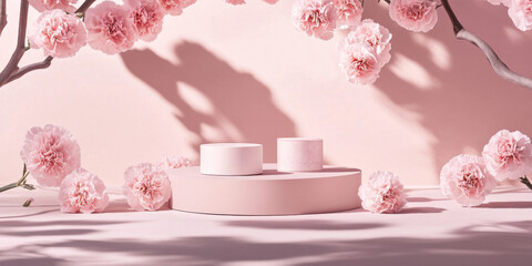 Elegant pink background with podiums for showcasing products. Framed by beautiful carnation flowers and soft shadows.
