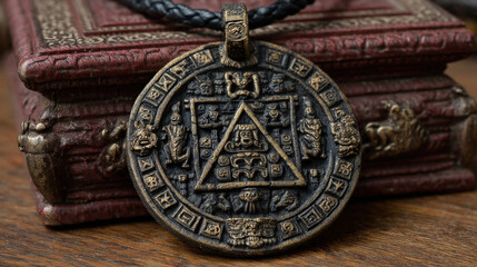 Close-up of Ancient Mayan Style Pendant Necklace with Intricate Carvings on Wooden Surface and Decorative Box, Symbolizing History and Cultural Heritage