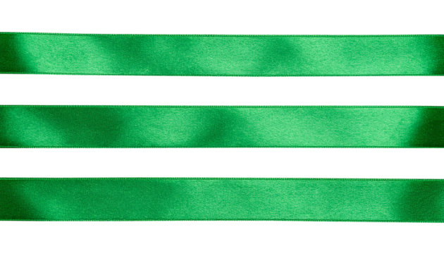 Glossy silk ribbons for holiday gift box, decor. Cut out image of green satin ribbons, smooth straight tapes.
