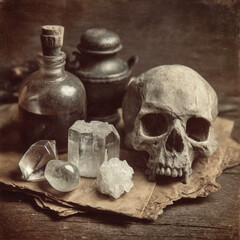 Still Life Composition with Skull, Crystals, Antique Bottle, and Metal Container on Aged Paper, Dark and Moody Aesthetic for Occult, Halloween, or Gothic Themes