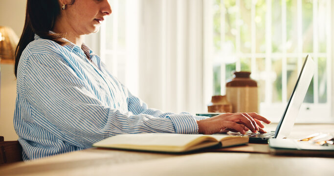 Hands, woman and typing with laptop at house for research, copywriting report or editor feedback. Female person, remote work and pc for proofreading, update draft and story submission for publication - Powered by Adobe