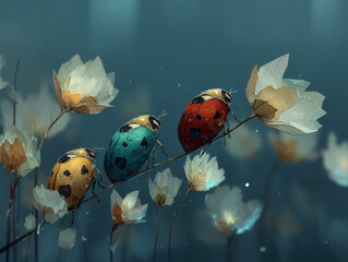 Three Colorful Ladybugs on a Branch with White Flowers Against a Dark Blue Background, Nature Illustration, Insect Art