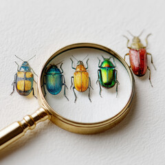 Colorful Jewel Beetles Under a Magnifying Glass on Textured White Background, Close-up Macro Shot, Insect Collection, Entomology Study, Scientific Research