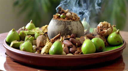 Aromatic Herbal Incense Pot with Smoke, Green Fruits, Nuts and Spices on a Rustic Plate for Aromatherapy, Meditation, and Natural Wellness Concepts