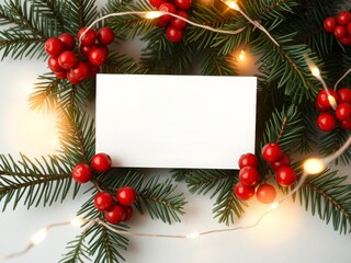 Fototapeta premium Christmas card mockup with fir branches and red berries (60)