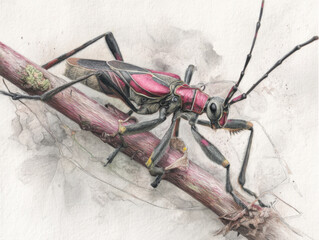 Detailed Watercolor Painting of a Red Milkweed Beetle on a Branch, Featuring Intricate Details and Delicate Brushstrokes, Perfect for Nature and Art Enthusiasts