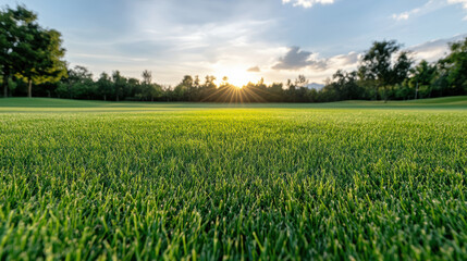 Sunlit green grass field at sunrise with soft trees and sky