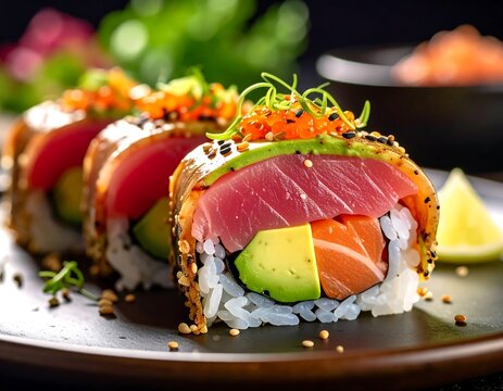Close-up of sushi rolls featuring layers of fish, avocado, and rice, garnished with roe and sesame seeds - Powered by Adobe