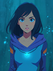 Anime Style Portrait of a Young Woman with Glowing Necklace, Blue Eyes, and Dark Hair in a Blue Toned Environment with Magical Light Particles