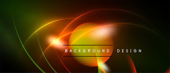 Abstract neon lights create vibrant circular design. Orange, green hues dominate dark background. Modern, dynamic visual presentation.