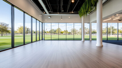 Fototapeta premium Bright open studio with floor to ceiling windows overlooking green field and trees