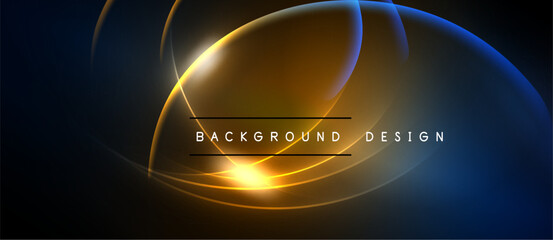 Abstract design features glowing curves, vibrant colors. Dark background emphasizes bright orange, blue elements. Text reads background design.