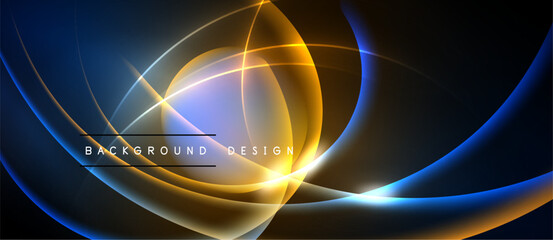 Abstract design features vibrant glowing curves, circles. Gold, blue hues dominate dark background. Modern, dynamic visual element.