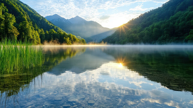 Mountain lake sunrise mist mountain lake sunrise mist reflection forest grass water sky mountain