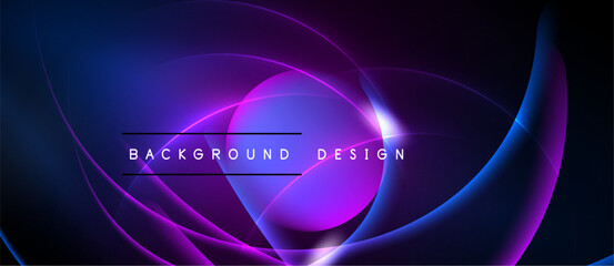 Abstract design features flowing curves, vibrant purple, blue hues. Text reads background design centered within swirling shapes. Modern, dynamic visual.