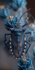 Detailed Macro of a Blue Shield Bug Against a Floral Background, Showcasing Intricate Textures and Patterns in a Stylized Composition