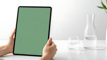 Hands holding tablet with green screen on white table.