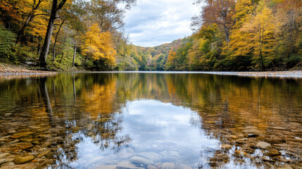 Calm autumn river with golden trees reflecting on clear water, peaceful seasonal landscape