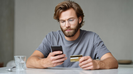 Young man with glasses engaging with smartphone while holding credit card, reflecting on online shopping or financial planning, indoors, casual setting
