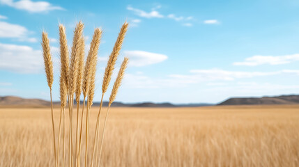Wheat stalk golden field dry grass open sky distant hills