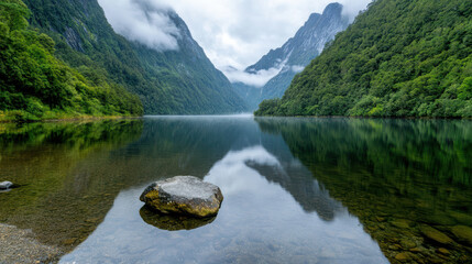 Misty mountain lake reflection, tranquil misty valley lake with green forest reflections