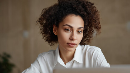 Young woman with curly hair focused on laptop while working in a modern office, demonstrating concentration and creativity in a professional environment